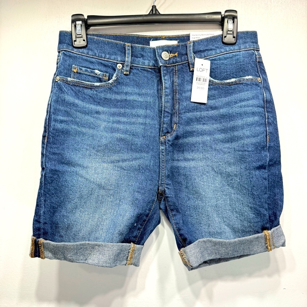 Loft The Skinny Bermuda Shorts High Rise Dark Wash Lightly Distressed Rolled Hem